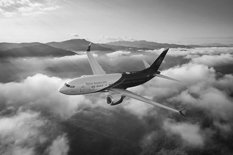Outdoor image in black and white of an aircraft in the sky that had artwork commissioned by Artelier called BOEING BBJ 787 by Lufthansa Technik, Hamburg