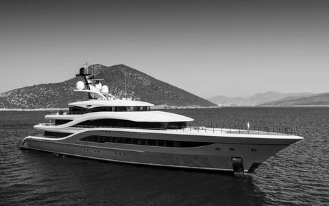 black and white outdoor image of M/Y ZAZOU by Benetti, 65m