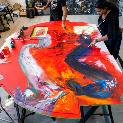 A series of studio shots showing the creation process of wall feature artwork commissioned by Artelier to be made for the private aircraft Bombardier Global 5000