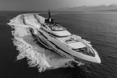 black and white outdoor image of the yacht bespoke commissioned by Artelier called M/Y POLARIS by Rossinavi, 70m