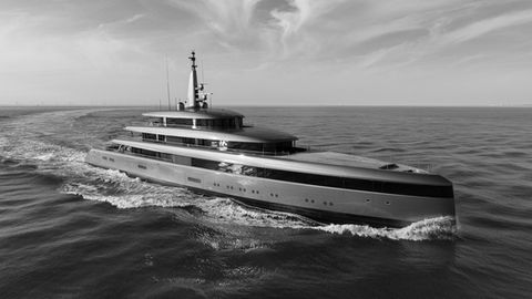 black and white outdoor image of M/Y OBSIDIAN, Feadship, 84m