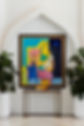 in situ composition of a colourful neo modern portrait of a woman with yellow skin, a green dress and curly hair with geometric bright bold backgrounds of blues and pinks featuring two plants next to the frame artwork either side 