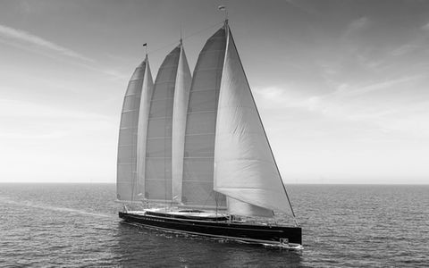 black and white outdoor image of the yacht bespoke commissioned by Artelier calledS/Y SEA EAGLE II by Royal Huisman, 82m