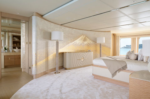 example of an superyacht project managed by artelier art curators featuring an award winning gold leaf mount fuji feature wall hand applied by artist janine lambers who can be commissioned by artelier art consultancy