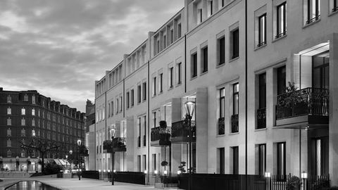 black and white outdoor image of chelsea barracks in london, uk