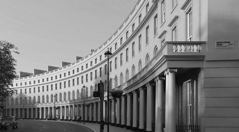black and white image of regent's crescent in london, uk