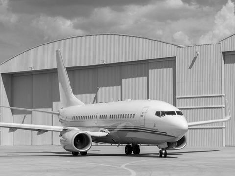 Outdoor image in black and white of an aircraft in the sky that had artwork commissioned by Artelier called BOEING BBJ 737 by Jet Aviation, Basel