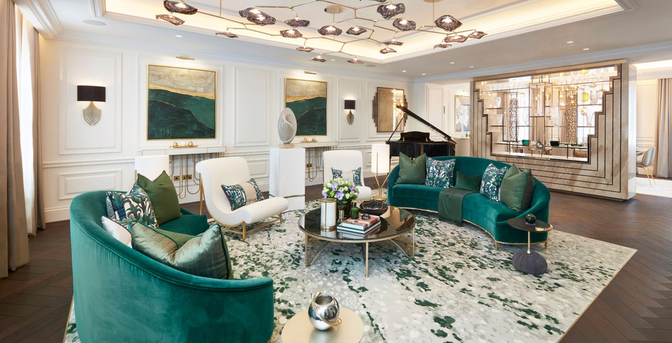 example residential project by artelier commissioned bespoke abstract contemporary canvas pieces for a London home called eaton place, featuring golds and velvet greens in an art deco style