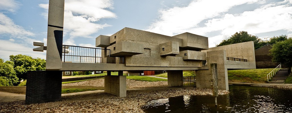 © Photo by CWhatPhotos - landscape shot of victor pasmore's apollo pavilion in geometric, brutalist shapes, pictured on a sunny dap in britain and the building is grey
