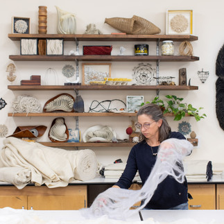 Artist Kristy Kun in her studio preparing some sculpted felt for a personalised, commissioned artwork