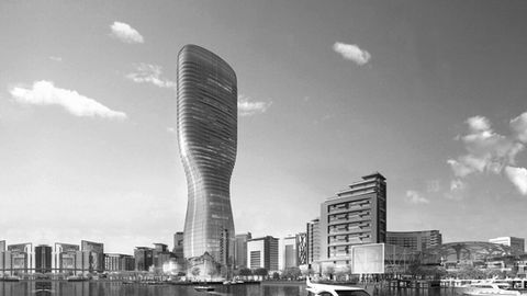 black and white image of belgrade, serbia tower for hotel st regis in the city