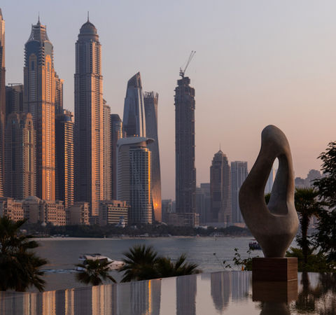 the art advisory firm artelier based in bristol as well as international has finished a project in dubai at one at palm jumeirah apartments, a series of luxury residential suites overlooking the city, including henry moore inspired sculptures in the water gardens