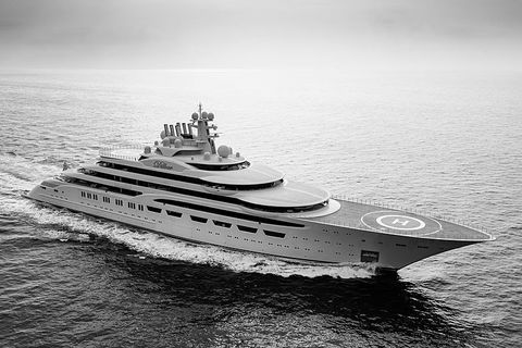 black and white outdoor image of the yacht bespoke commissioned by Artelier called M/Y DILBAR by Lürssen, 156m
