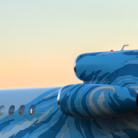 Exterior of private jet with a backdrop of the sunset. Inspired by the artistry of Van Gogh, the exterior of this incredibly unique Dassault Falcon 7X is taken from his timeless masterpiece, 'The Starry Night' © Designed by Winch Design and completed at Dassault Falcon