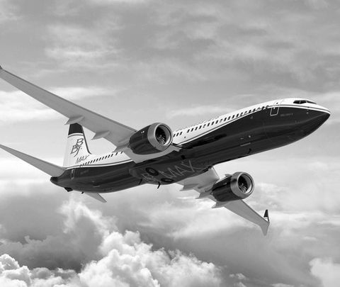 Outdoor image in black and white of an aircraft in the sky that had artwork commissioned by Artelier called BOEING BBJ MAX 9