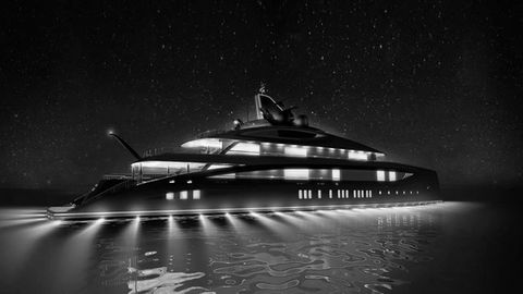 black and white outdoor image of the yacht bespoke commissioned by Artelier called M/Y BLACK SHARK by Nobiskrug, 77m