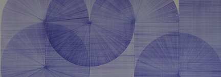 dark blue concentric circles, in transparent form, set against a white wall in a mural style.