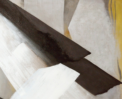 close up textured shot of commissioned abstract black and white contemporary canvas in rothko style with hint of mustard yellow oil paintby artelier art advisors for chelsea barracks residential scheme in london