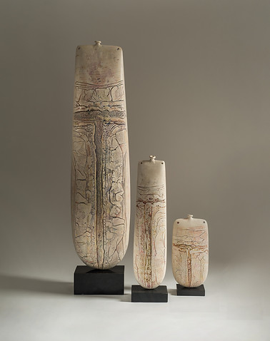 Peter Hayes's raku fired ceramics in a trio of white, textured sculptures