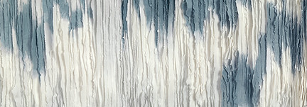 blue and white ceramic 3D artwork, depicting jagged blues turning into a white gradient towards the bottom of the image.