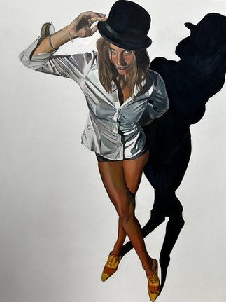 Painting by Emilia Momen as a fine art investment of a young woman centred in the picture plane is a young wearing a top hat and a silver shirt to her waist, with tights. and yellow shoes, one leg crossed over the other.