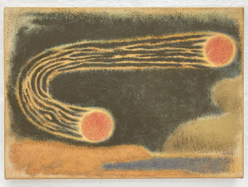 UK based artist creates a abstract green, orane and yellow artwork reminscient of a landscape.