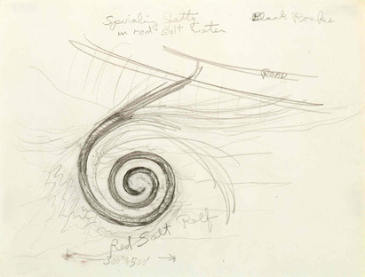 A preliminary sketch of Spiral Jetty by Robert Smithson, black lines depicting a swirl with drawing lines coming from it and sketches