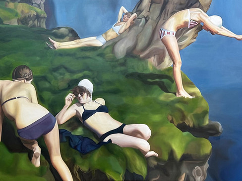 A fine art investment painting by emerging British artist Emilia Momen depicting gour young women swimming and relaxing, with one on the right preparing to dive off a cliff edge, another resting and the foreground two in conversation, one facing front, one facing back