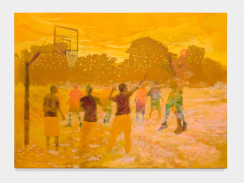fine art investment artwork shrouded in yellow paint and depicting a group of people playing basketball