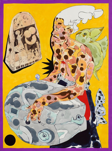 This contemporary British artwork is painted in yellow and purple, inspired by video games and manga, prime for UK art investment.