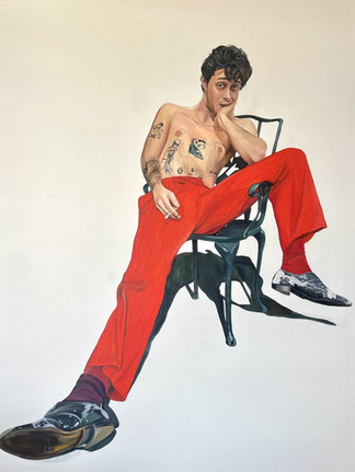 Artwork of Sonny Hall by creative and emerging fine artist Emilia Momen, Hall wears red trousers, is topless with tattoos visible and shadows prominent beneath a silver chair.