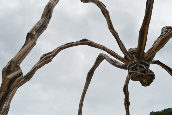 A close-up of Louise Bourgeois' 'Maman', showing the spindly steel legs up close against a grey sky.