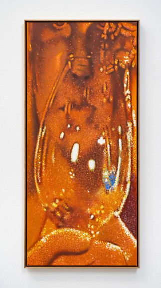 Photorealist artwork in orange showing a woman with a wine glass, by uk artist painter Giovanelli.