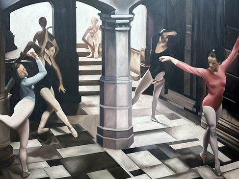 A fine art piece by Emilia Momen depicting several ballerinas dancing across an architectural floor and pillar in the centre.