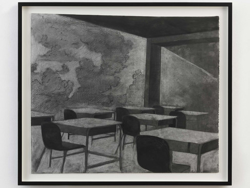 A black and white painting with the earth in the background and chairs and desks in the foreground