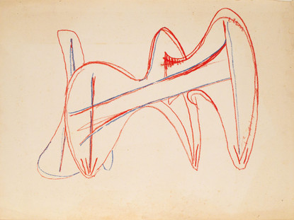 A preliminary drawing of famous public art La Grande Vitesse by Alexander Calder in blue and red with thick lines