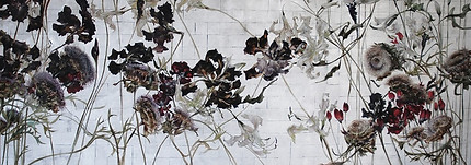 white and black artwork depicting flowers in black paint