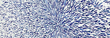 blue and white artwork with scrupulous detail in lots of detail, centring towards the centre.