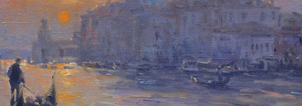a landscape oil purple/orange painting at sunset depicting St. Pauls Cathedral in background in shadow, and foregrounded boat