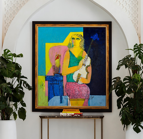 Portrait commissioned by artelier for raffles al areen palace featuring a contemporary, colourful block colour oil painting of a woman holding a violin next to a lovesong bird.