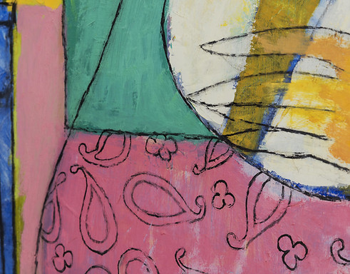 Pinks, yellows, whites and greens in close up detail of portrait artwork commissioning for raffles al areen palace, bahrain