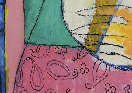 detail shot of a portrait commissioned for raffle al areen palace, bahrain of a female portrait with a pink paisley skirt and minimalist, hand-painted hands