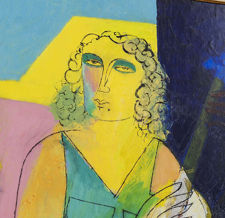 Portrait commissioned by artelier for raffles al areen palace featuring a contemporary, colourful block colour oil painting of a woman holding a violin next to a lovesong bird.