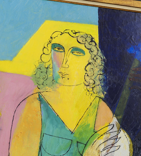 up close shot of a colourful neo modern portrait of a woman with yellow skin, a green dress and curly hair with geometric bright bold backgrounds of blues and pinks