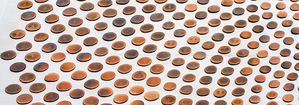 wood artwork depicting numerous circles set in an illusionistic