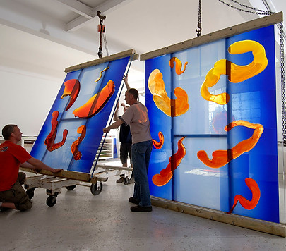 installation of danny lane glass artist featuring his technical team
