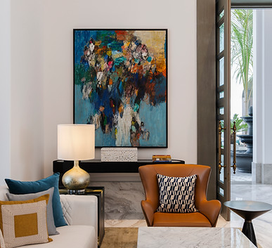 in situ image of a hotel reception lobby of an abstract oil on canvas commissioned for raffles al bahrain palace by artelier art advisory service