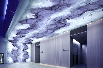 Tobias-Tovera's large scale ceiling feature wall in the elevator lobby of a corporate building in new york, commissioned by artelier's art curators