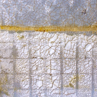 A shimmering blue cracked eglomise painting, with a yellow gilded gold leaf panel across the upper-half, horizontally.