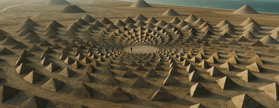 67. © Photo by Colossal showing triangular sand dunes in the desert part of an abstract art installation with a person in the middle